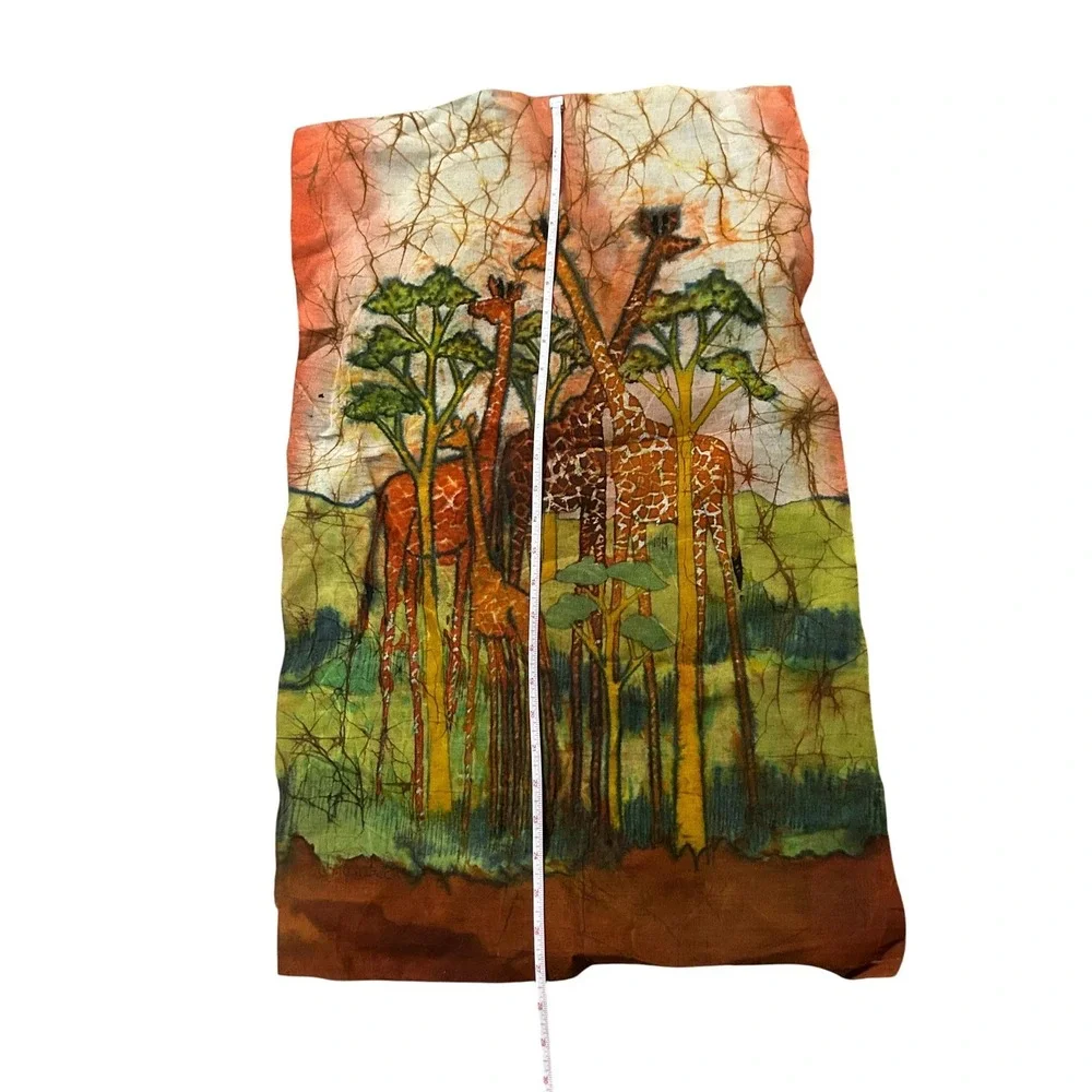 Vintage African Batik Fabric Wall Art –  Giraffe Landscape Textile Painting